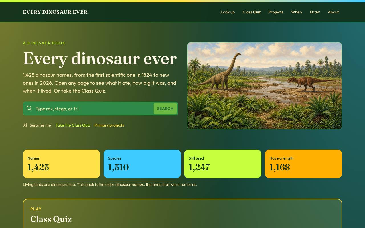 Homepage snapshot of Every Dinosaur Ever